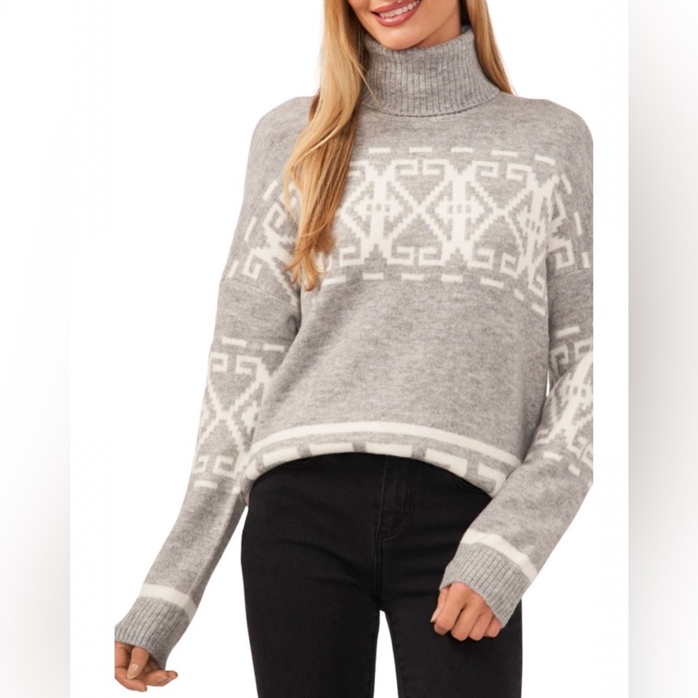 NEW CeCe Women’s Fair Isle Turtleneck Sweater Heather Gray Multi Size Medium NWT